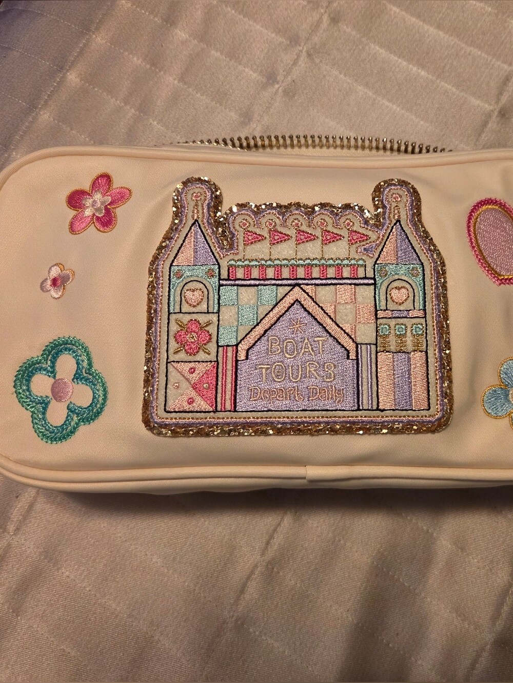 Stoney Clover Lane White Cosmetic Pouch with Pastel Castle Embroidery